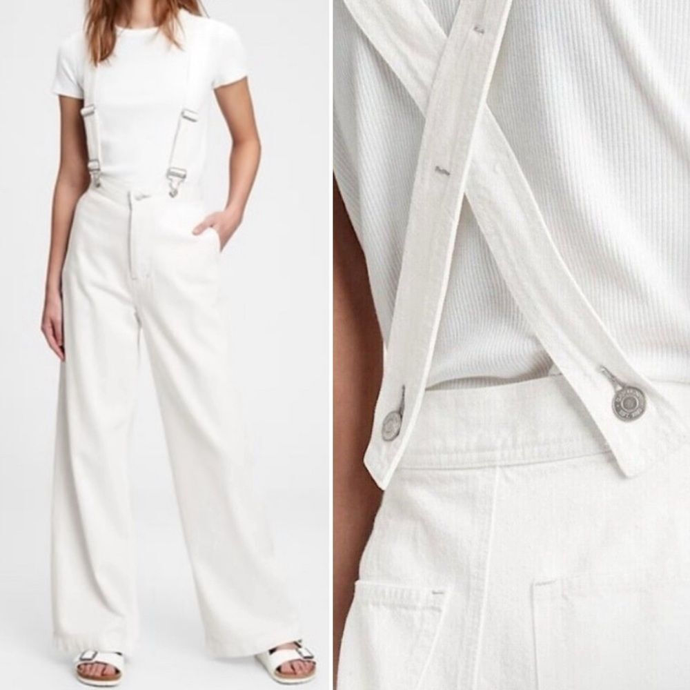 GAP Wide Leg Suspender Jeans White Denim Pants with Suspenders Size 31 | 12 Long